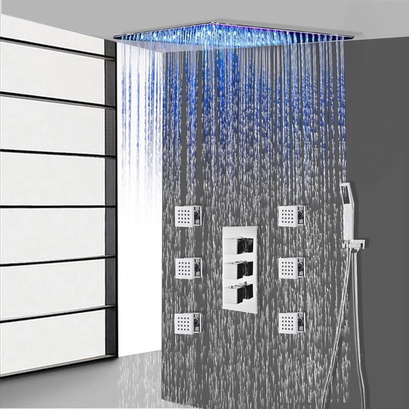Chrome 16" LED Shower Head Combo Thermostatic Shower Faucet set Massage system w/valve