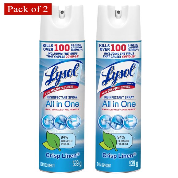 Lysol All in One Disinfectant Spray, Disinfect and Eliminate Odours on Hard Surfaces and Fabrics, Crisp Linen, 539g (Pack of 2)
