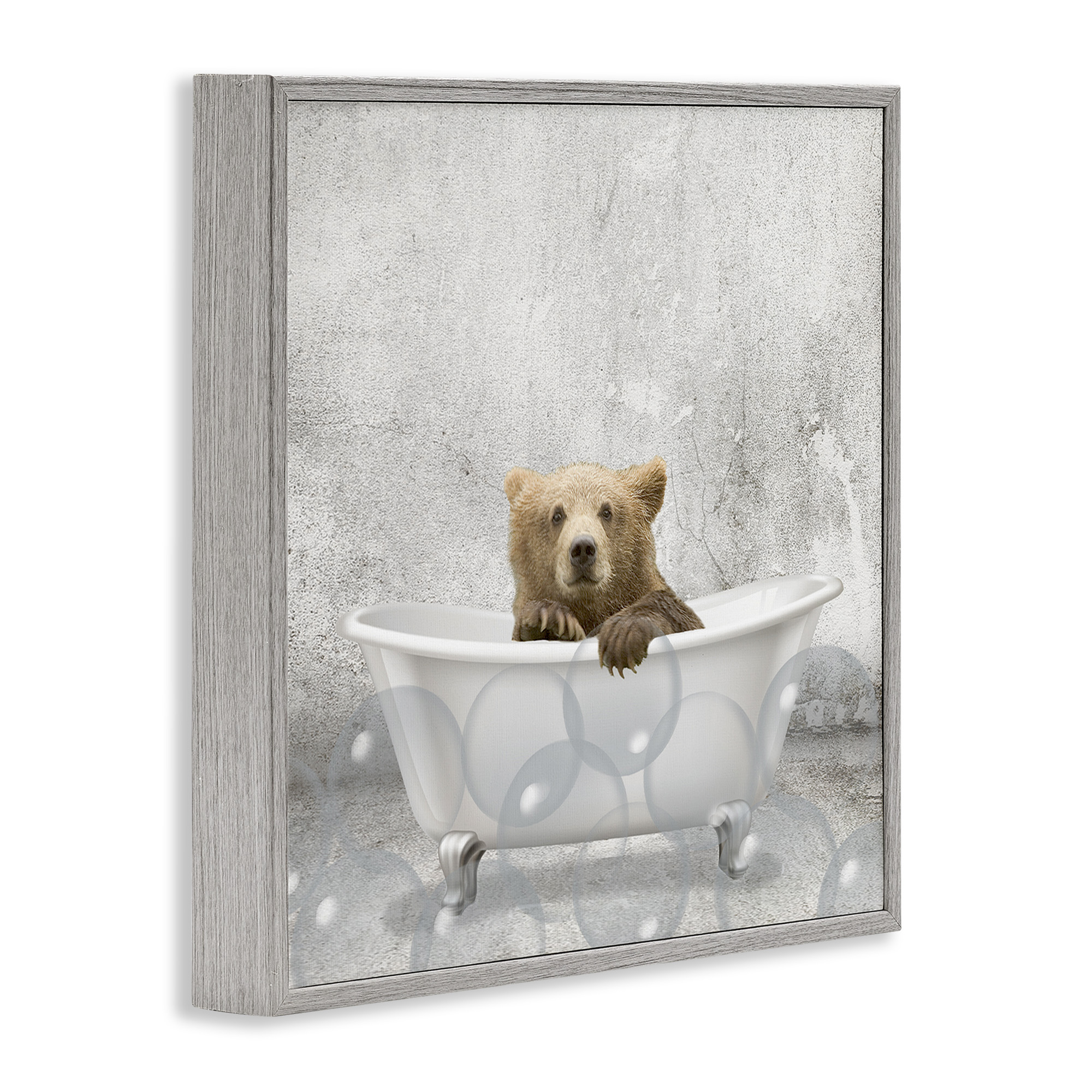 Stupell Industries Baby Bear Bath Time Animals & Insects Painting Gray Framed Art Print Wall Art, 17 x 17