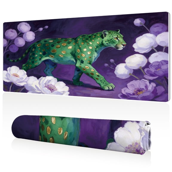 LIVEKEY Extra Large Mouse Pad Green Leopard on Purple Floral Design 80x40x0.3cm Full Desk Coverage Non Slip Surface Durable Easy to Clean Stitched Edges for Gaming and Office