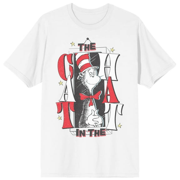 The Cat In The Hat Cat & Stars Adult White Crew Neck Short Sleeve T-shirt -Medium