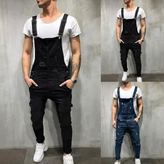 pstuiky Jumpsuit For Men, Solid Color Denim Straight Type Workwear Oversized Breast Pockets Men'S Tactical Pants Black L