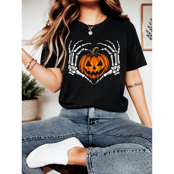 Casual 2026 Halloween Pumpkin & Skeleton Hand Heart Print Short Sleeve Round Neck TShirt