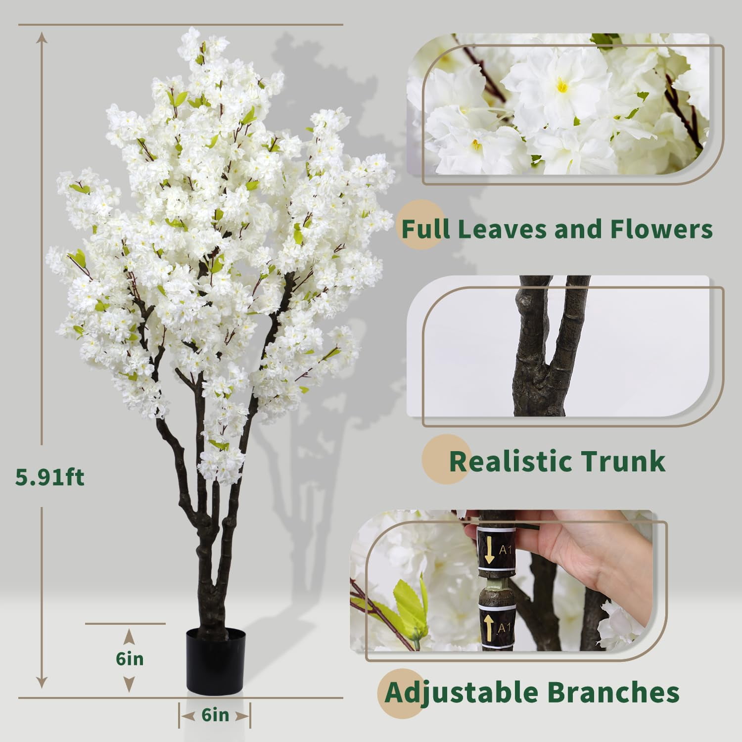 HPNIUB Cherry Blossom Artificial Tree Handmade White Flowers with Faux Leaves Indoor Outdoor Decor for Home Office Spring Party Wedding 6 ft