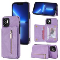 Feishell Back Flip Case for Apple iPhone 12 mini,Premium PU Leather Wallet Cover with ID Credit Card Holder & Zipper Pocket Magnetic Metal Button Kickstand Shockproof Phone Case,Purple