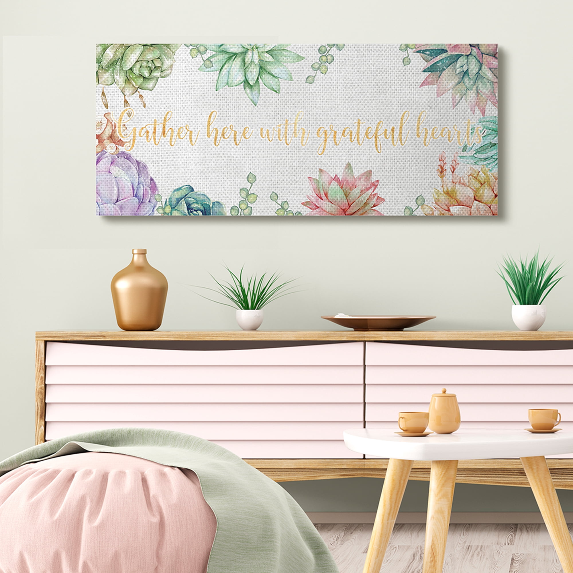 Stupell Industries Gather With Grateful Hearts Chic Succulent Florals Botanical & Floral Painting Gallery Wrapped Canvas Art Print Wall Art, 20 x 48