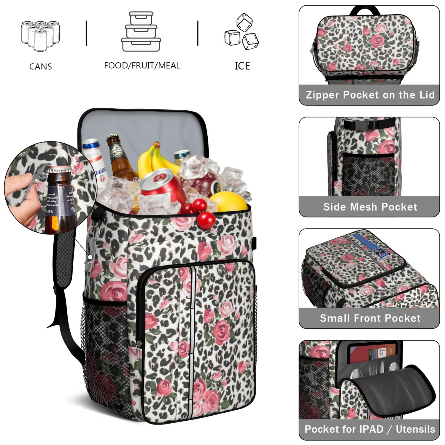 Travel Cooler Bag - Pioneer Flower Floral Print Pattern Camping Beer Cooler Backpack with Bottle Opener- Waterproof Insulated Picnic Backpacks - Cooler Bag for Beach