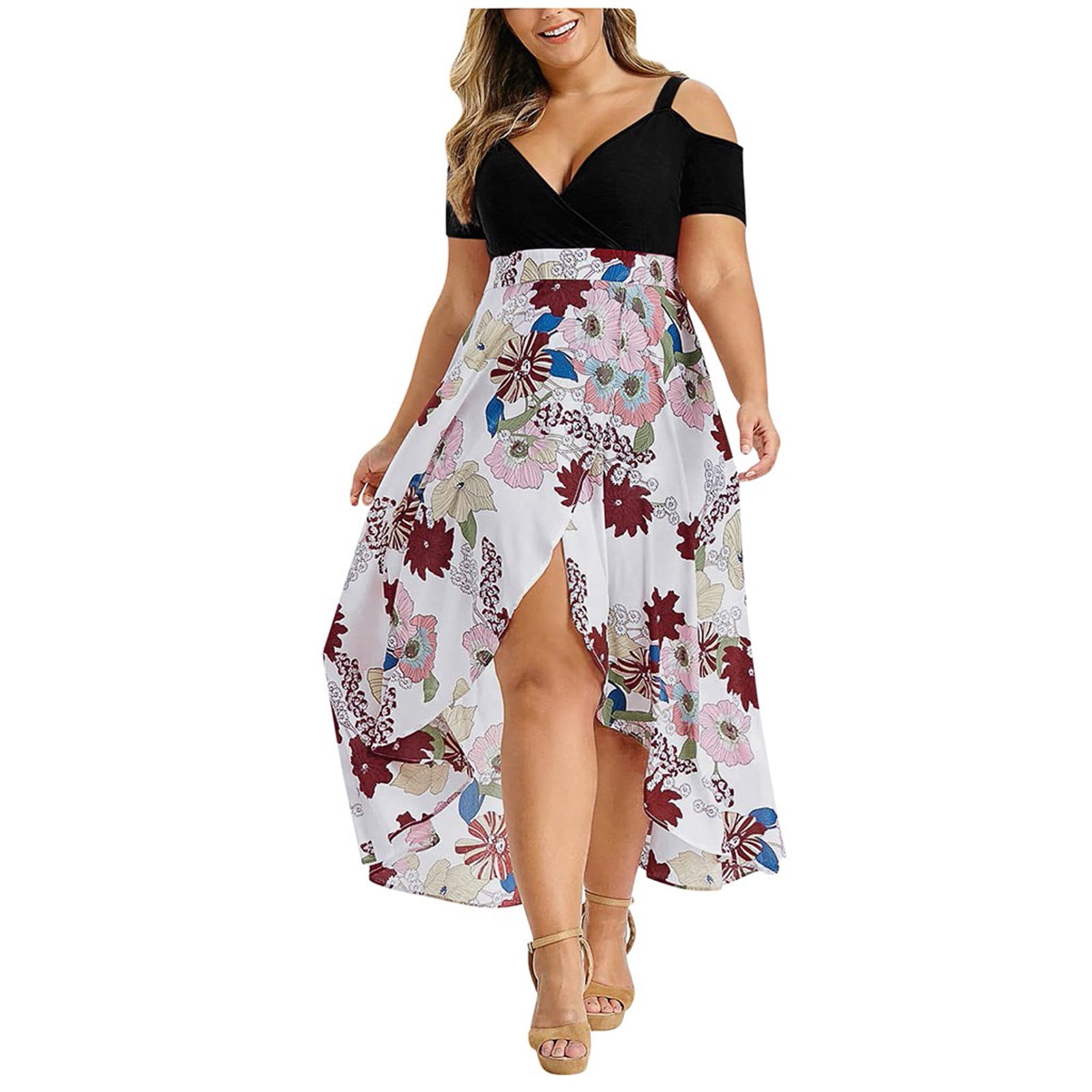 Summer Plus Size Maxi Dresses Women Deep V-neck Wedding Guest Stitching Dress Cold Shoulder Boho Floral Long Dresses Short Sleeve Irregular Sundresses - Walmart.com