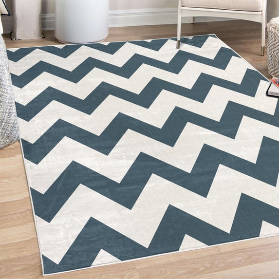 Shapes Decorative Rug, Chevron Pattern Classic Geometrical Horizontal Zig Zag Stripes Retro Artwork, Quality Carpet for Bedroom Dorm and Living Room, 6 Sizes, Petrol Blue, by Ambesonne