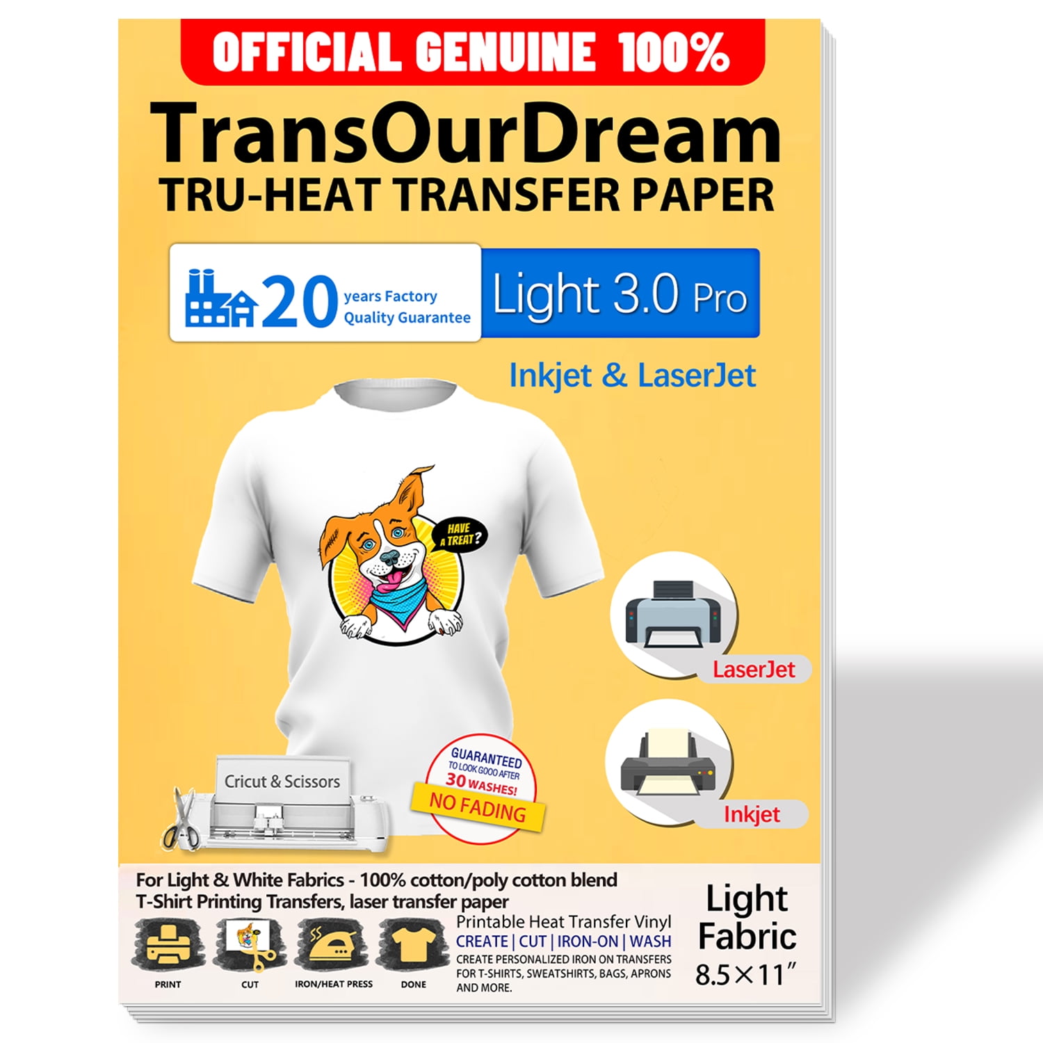 TransOurDream Tru-Heat Iron on Transfer Paper for Light and White Fabrics 20x 