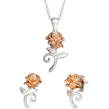 Disney Beauty and the Beast Women's Sterling Silver Rose Stud & Pendant Set, 17"