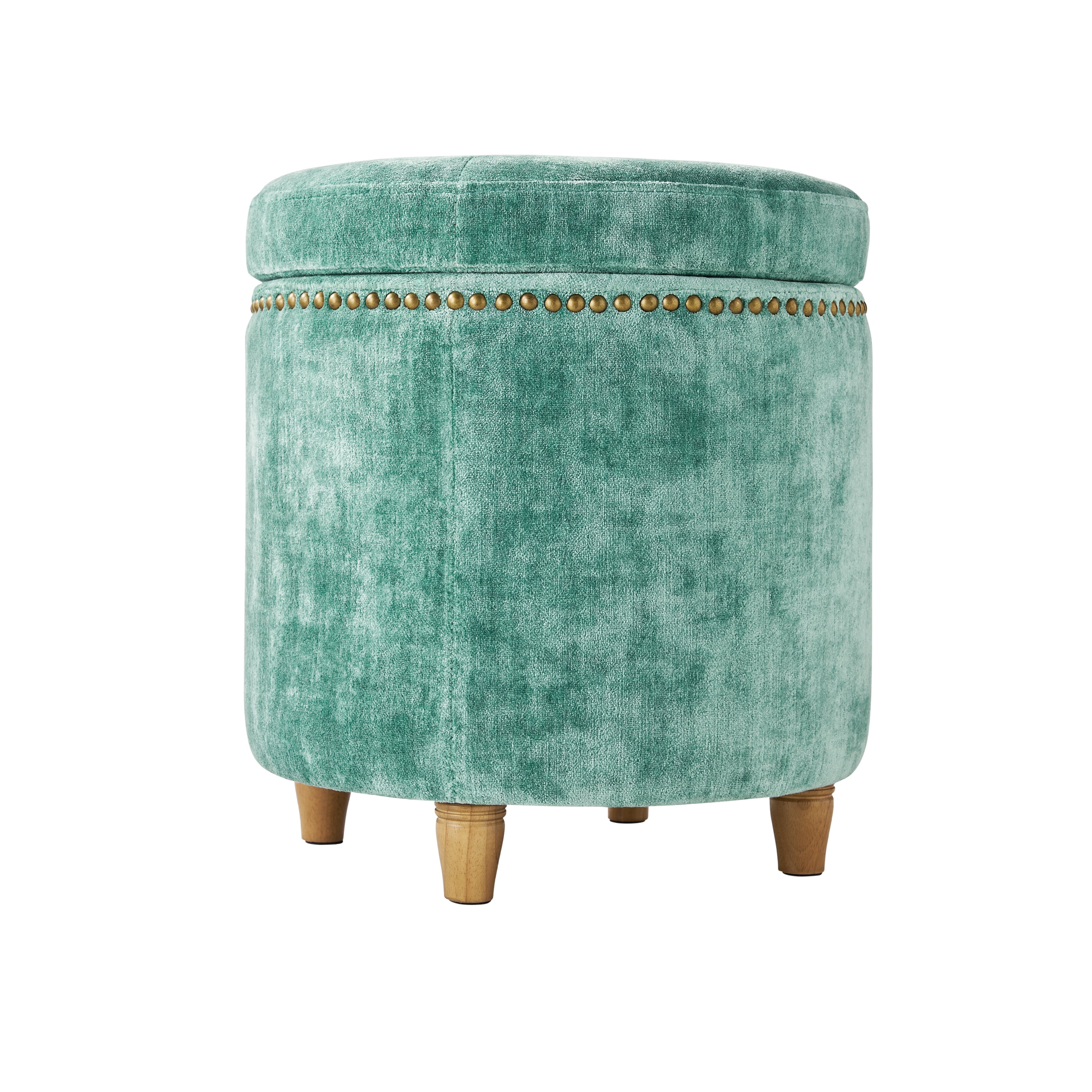 The Pioneer Woman Harper Round Velvet Storage Ottoman, Jade, 17.72 in