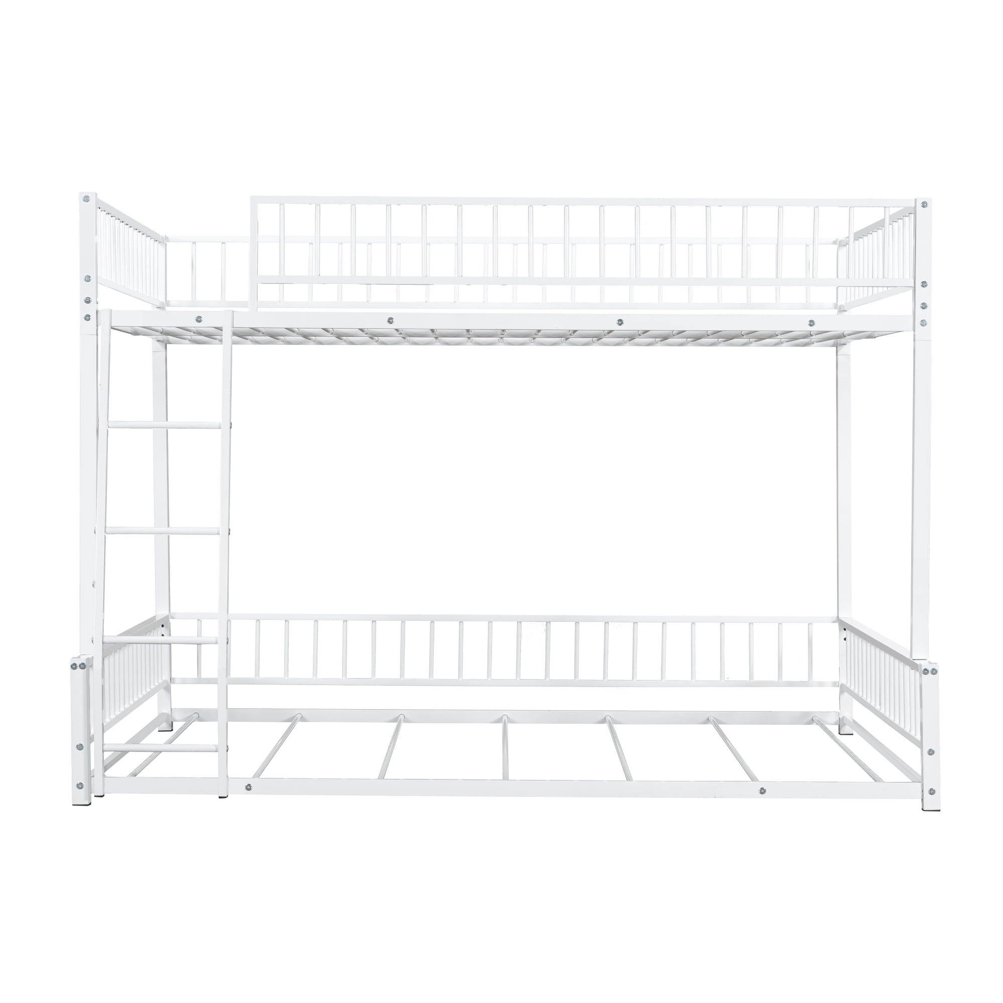 Full XL over Queen Bunk Bed, Heavy Duty Bunk Beds for Adults and Kids,Floor Bed Frame with Ladder and Safety Guardrails, Easy Assemble,White