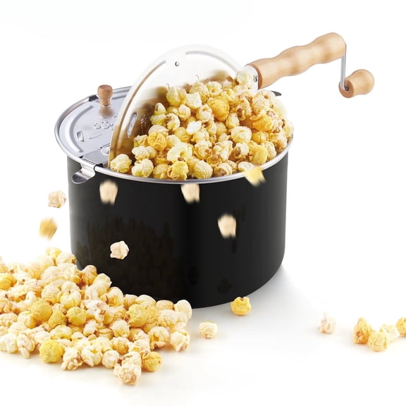 Cook N Home Basics 6 Quart Stovetop Popcorn Popper, Hand Crank Popcorn Maker with Metal Gears and Stirring System, Aluminum Popcorn Pot for Homemade Popcorn, Black