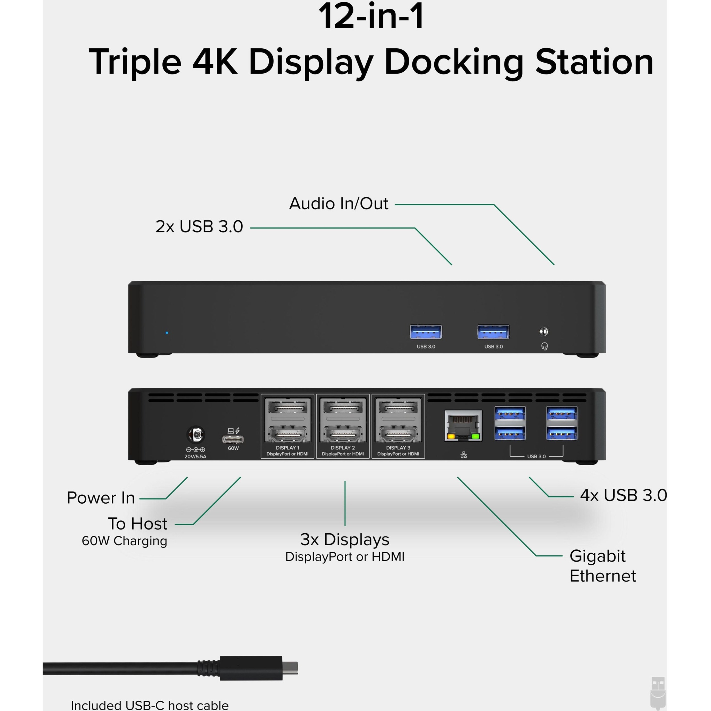 Plugable 12-in-1 USB C Docking Station Triple Monitor, Triple 4K Displays with 3x HDMI or 3x DisplayPort, Compatible with Mac, Windows, Thunderbolt 3 & 4, USB4, USB-C (60W PD, 6x USB Ports, Ethernet) - image 2 of 7