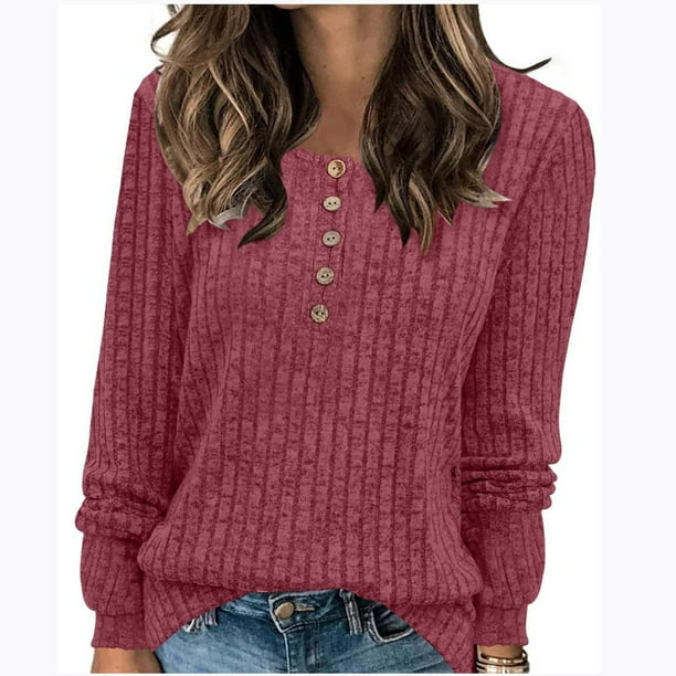 Suéter de cuello redondo para mujer, informal, liso, de invierno, de manga larga, con botones, de punto cepillado, holgado, para mujer