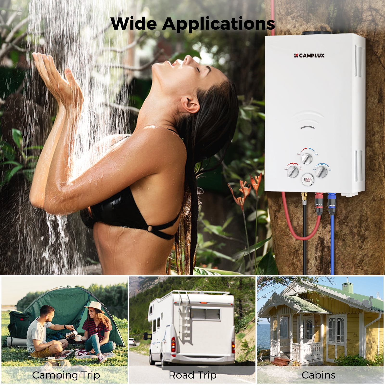 CAMPLUX 2.64 GPM 68,000 BTU Outdoor Portable Propane Tankless Water Heater with 3.3 GPM Water Pump Kit, CSA Certified