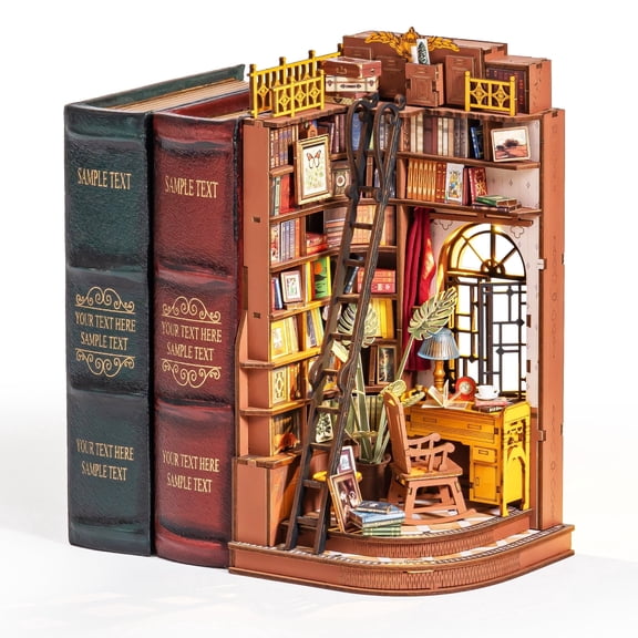 ROBOTIME 3D Puzzle Book Nook Kit, DIY Wooden Miniature House with LED Light, Silent Corner Study