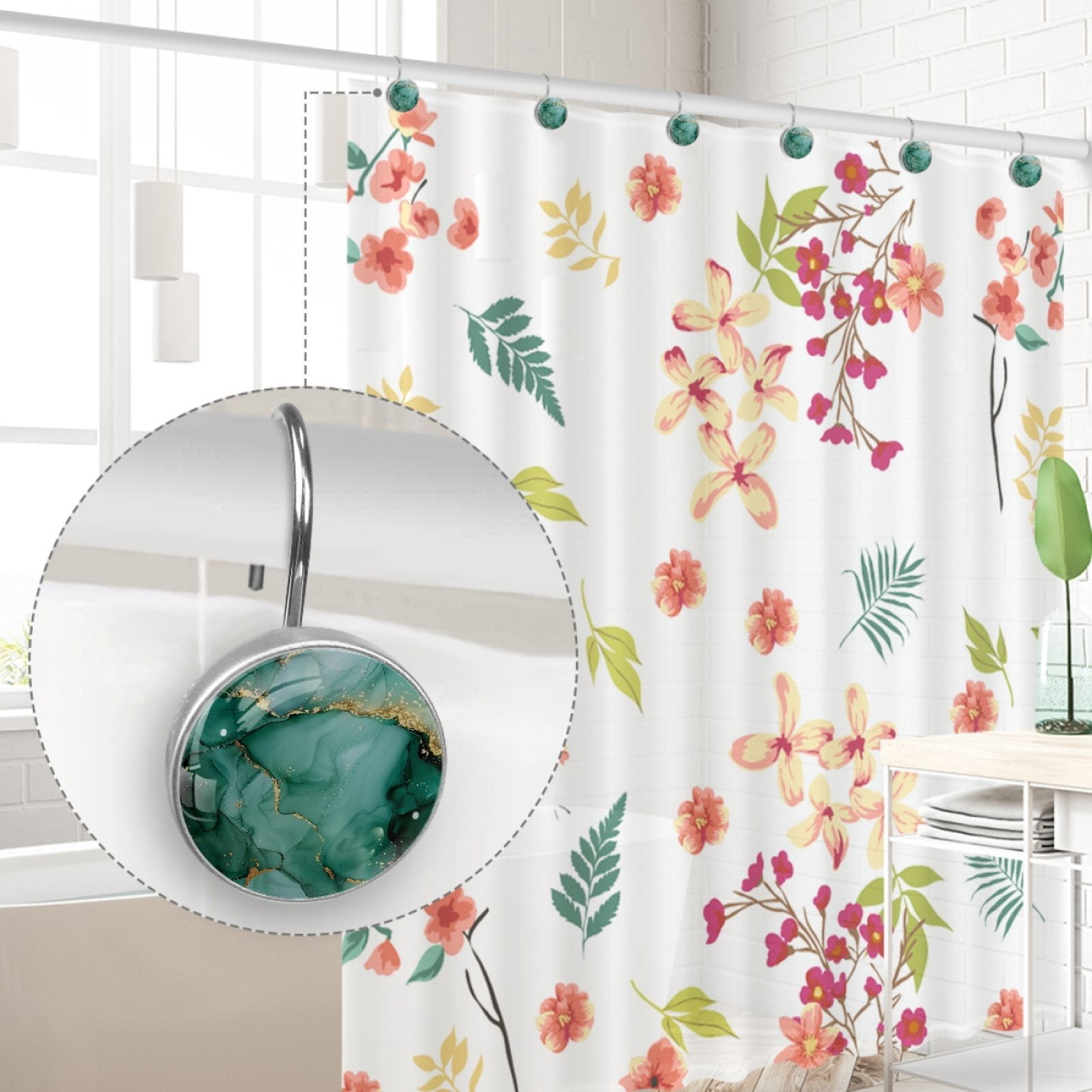 HemaKayy 12 Pcs Decorative Marble Shower Curtain Hooks - Rust Proof & Durable Stainless Steel Rings for Bathroom Decor | Easy to Install and Glide | Perfect Decoration & Gift - Light Green Gold