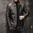 thumbnail image 3 of Chaquetas de cuero sintético de invierno para hombre con cremallera y cuello de piel, 3 of 5