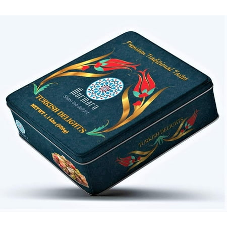 Marmara Premium Traditional Turkish Delight Variety Gift Tin Box Dessert Confectionery Barberry Pomegranate Pistachio Baklava Walnuts Crescent Cogan Flaked Almond Sweet Pearls 500