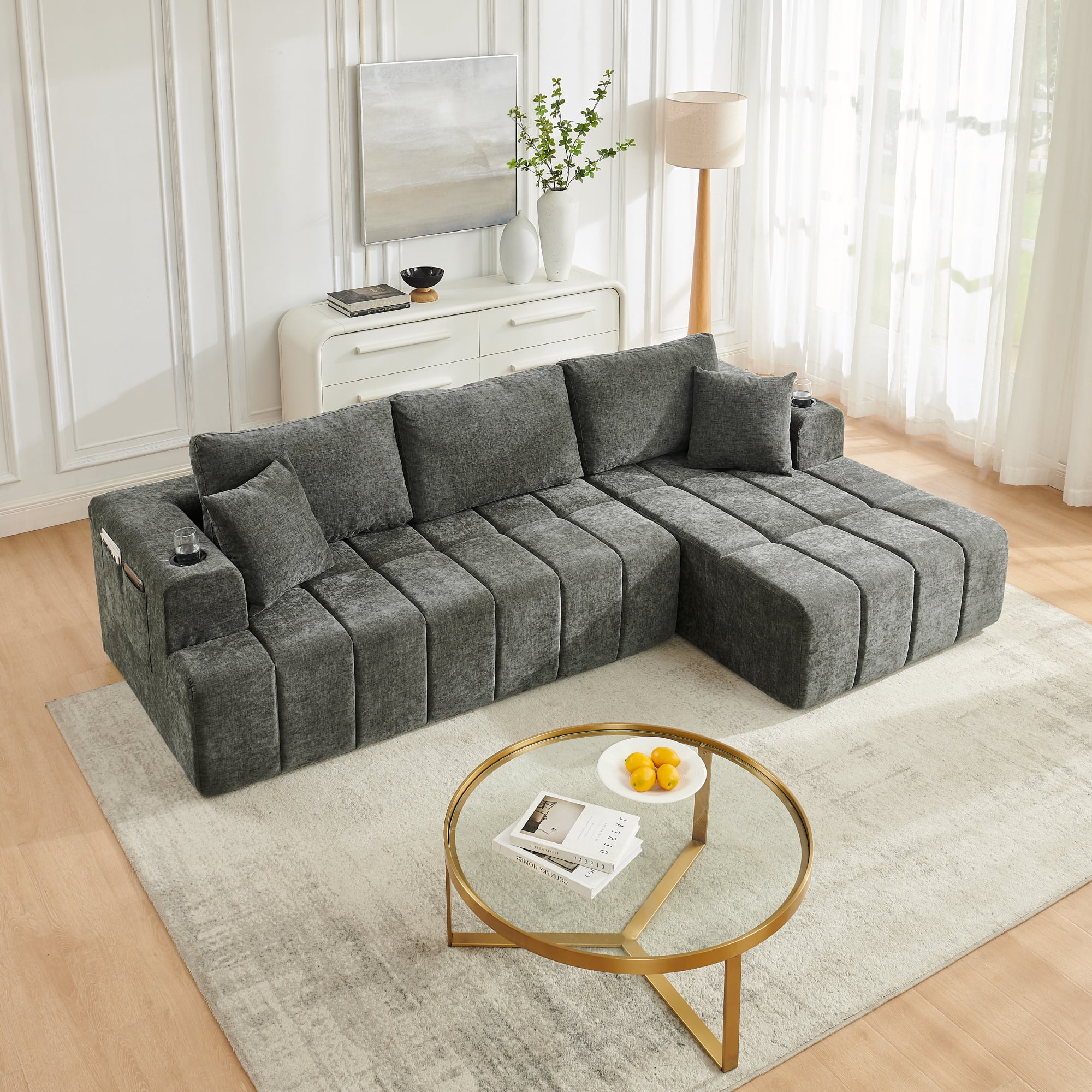 Leumius 108" L-Shaped Sectional Sofa,Chenille Boneless Couch, Modern 3-Seat Upholstered Cloud Couch Sectional with Deep Seat and Cup Holders for Living Room,No Assembly Required,Dark Gray