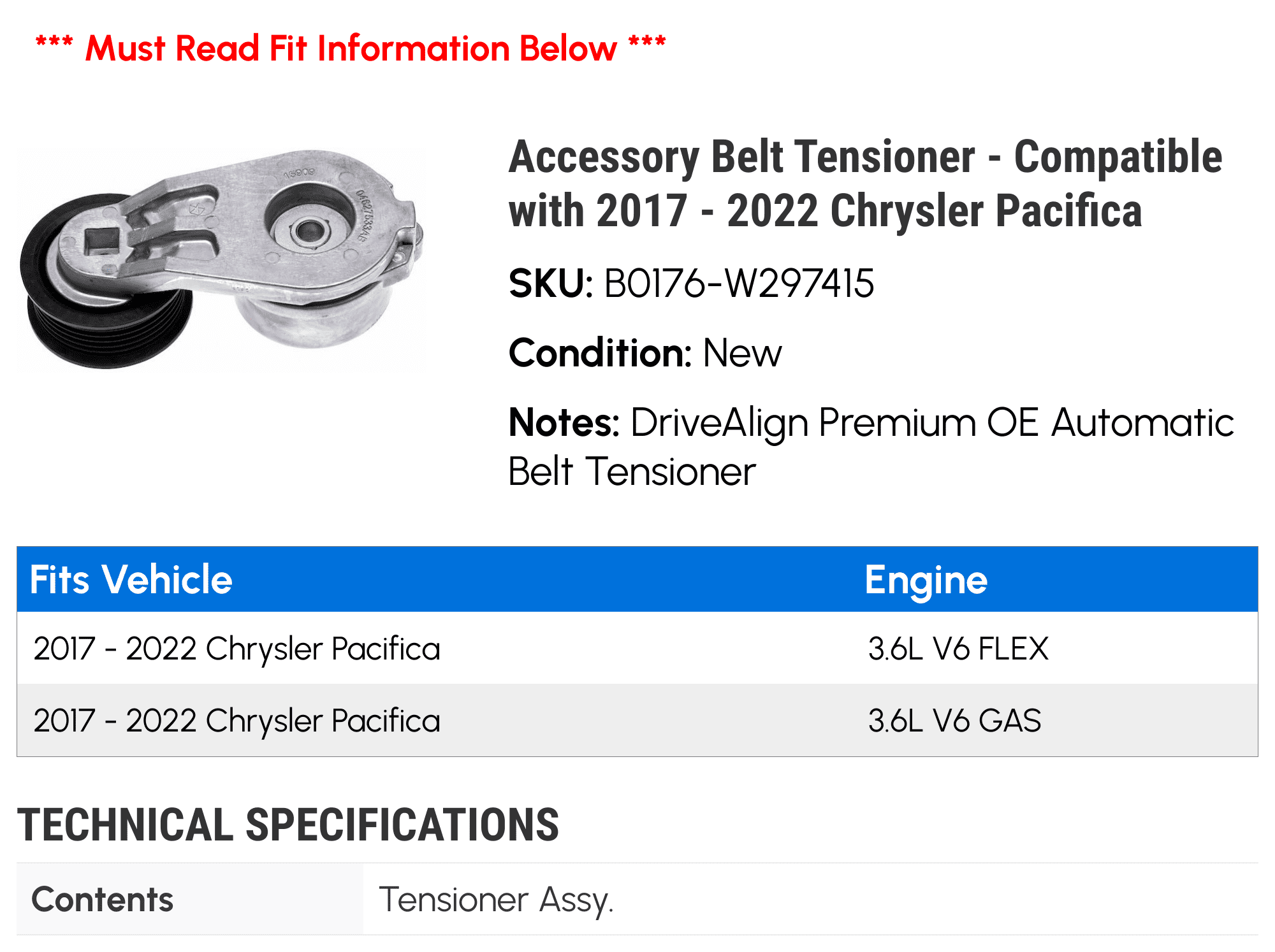 Accessory Belt Tensioner - Compatible with 2017 - 2022 Chrysler Pacifica - Gates