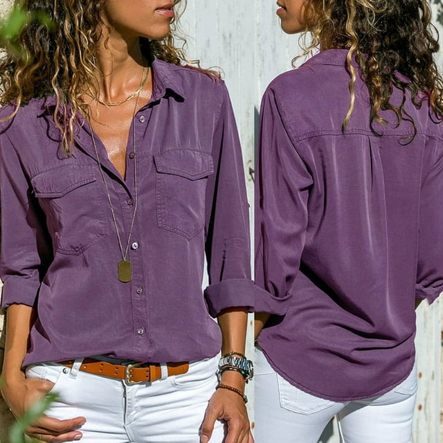 Women Casual Solid Long Sleeve Turn Down Collar Pockets Button Front Shirt Tops