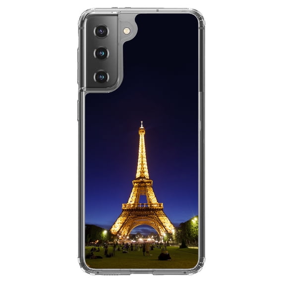 DistinctInk Clear Shockproof Hybrid Case for Galaxy S21 5G (6.2" Screen) - TPU Bumper, Acrylic Back, Tempered Glass Screen Protector - Eiffel Tower Paris Night - Love of Paris
