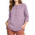 thumbnail image 5 of ClodeEU Women's Linen 3/4 Sleeve Crewneck Button Shirt with Side Slit,Solid Color Casual Summer Top Pink,Women's Plus S, 5 of 9