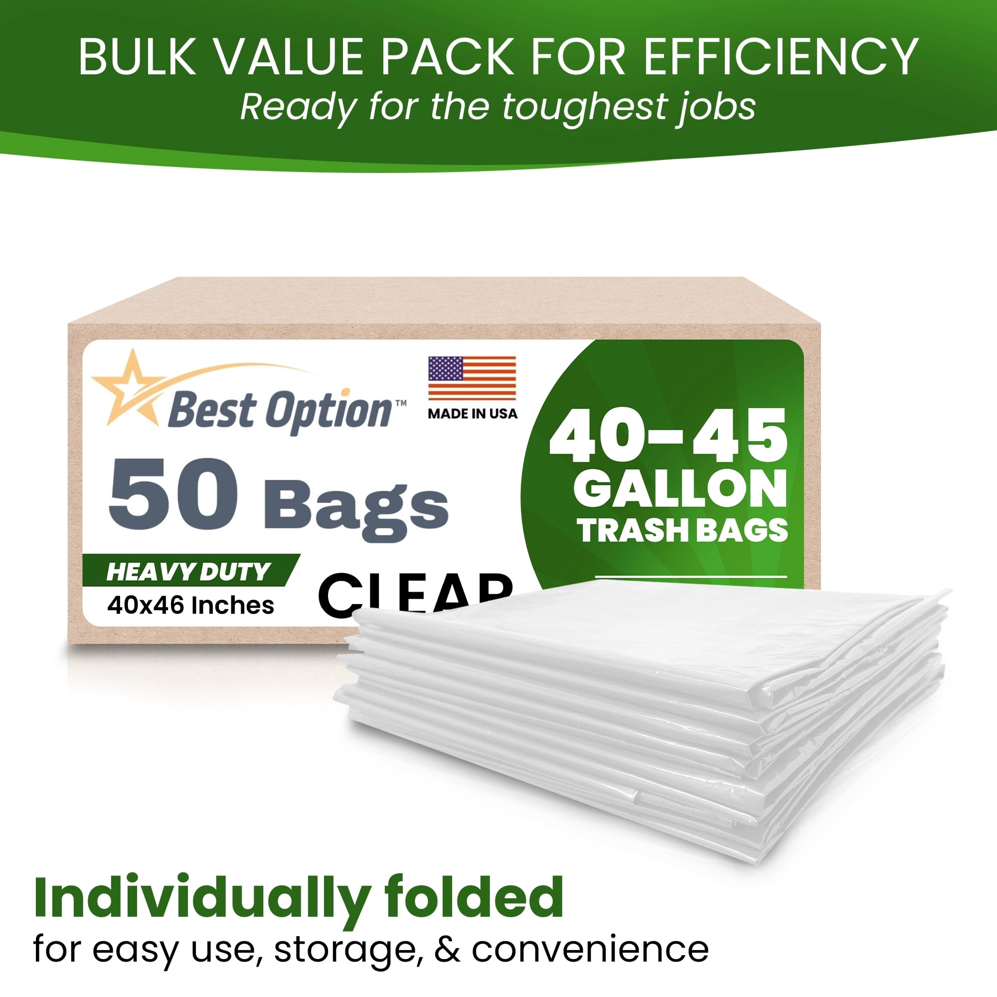 Best Option 40-45 Gallon Clear Trash Bags, 50 Count Box, (40x46-inch) Commercial Heavy-Duty Garbage and Recycling Can Liners