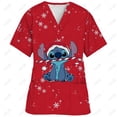thumbnail image 3 of Blusa de uniforme de trabajo con cuello en V y cordón de manga corta con estampado de dibujos animados de Disney Stitch para mujer, 3 of 5