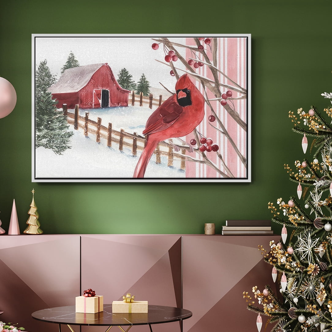Winter Cardinal Collection A - Framed Gallery Wrapped Holiday Canvas - 25 x 37 - White Frame