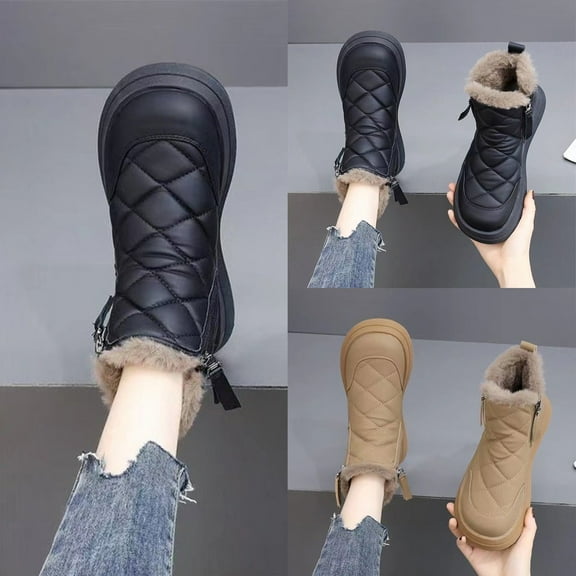 Womens Hiking Boots TKYCMSUAKI Women's Flat Ankle Boots Side Zipper Plush Lined Snow Boots Winter Warm Outdoor Shoes