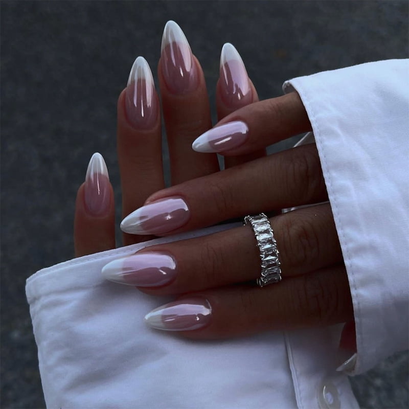 24Pcs Long Almond Fake Nails with White Edge Design Wearable French Press on False Nails Simple Full Cover Nail Tips Manicure