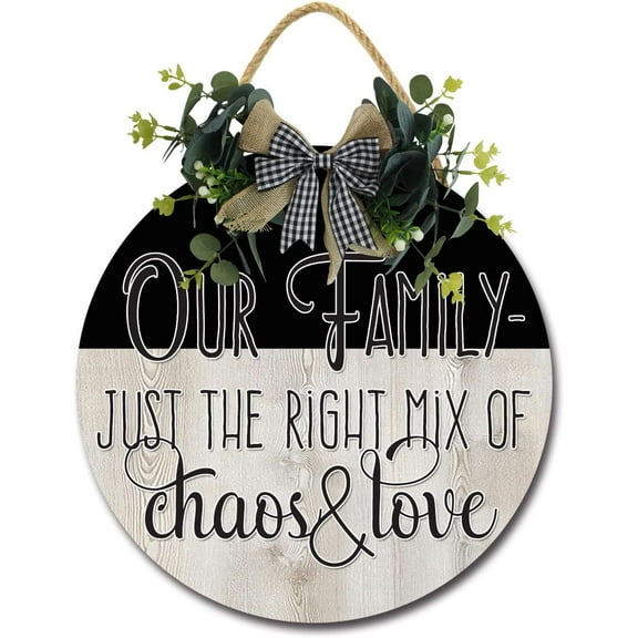 Eveokoki 12" Our Family Chaos Love Door Sign Plaque,Welcome Wall Hanging Signs Front Door Decor Home Decorative Door Sign Wooden Plaque Hanger for Bedroom Porch Yard Decoration
