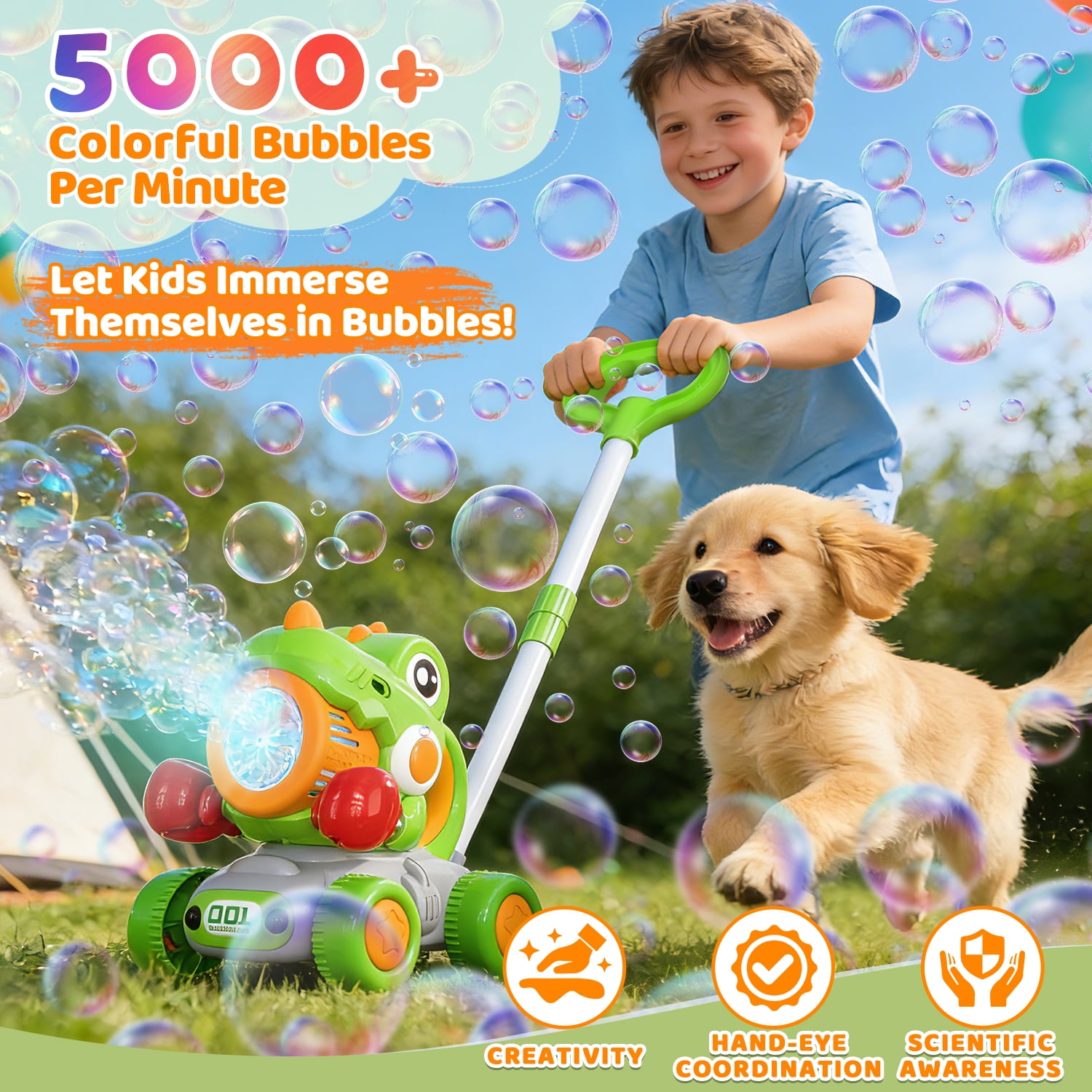 JoyStone Automatic Bubble Machine Toys for Toddlers, Push & Handheld Bubble Lawn Mower with Lights, Rechargeable Bubble Blower Toy for Kids Ages 3–6, Green