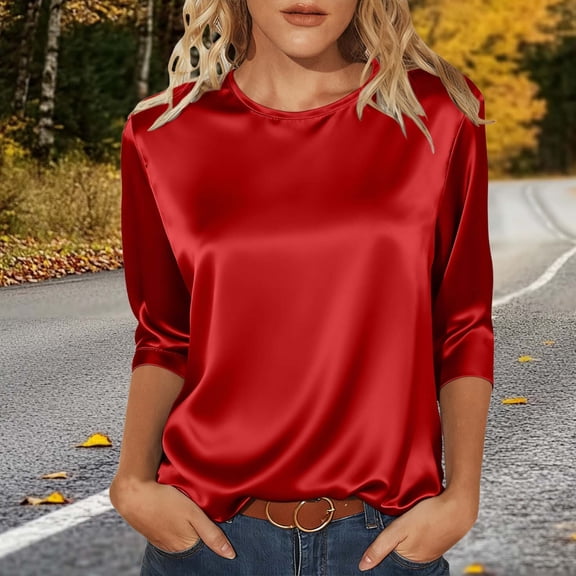 ICHUANYI Satin Blouses for Women Women's Spring/Summer Silk Button Down Shirts Long Sleeve Business Casual Tops Solid Color Pullover Top