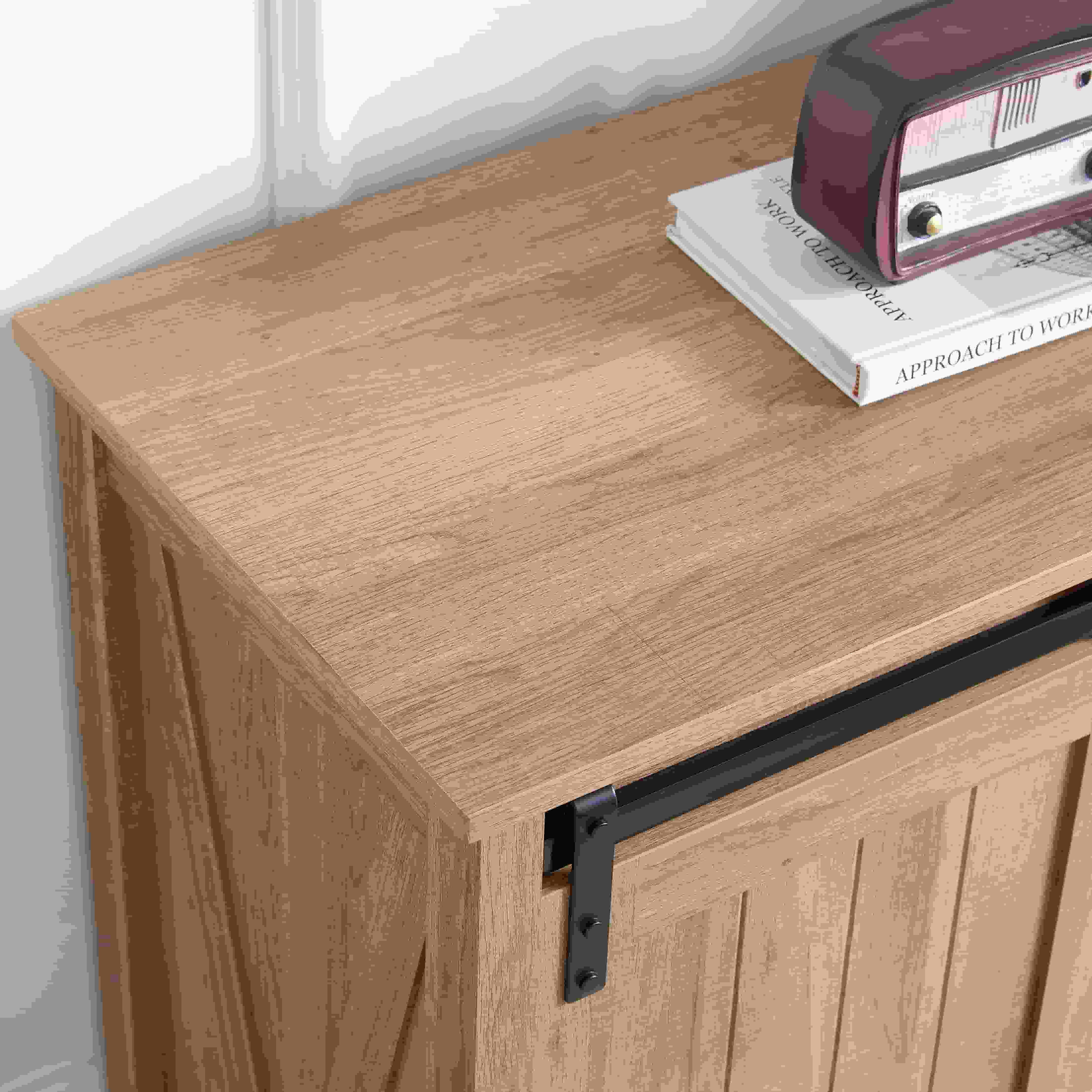 Aukfa 5 Drawers Dresser, Tall Dresser 5 Chest of Drawers w/Sliding Barn Door for Bedroom, Hallway,Oak