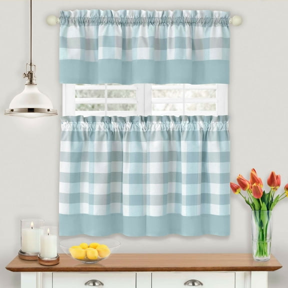 Kate Aurora Modern Country Farmhouse 3 Piece Plaid Cafe Kitchen Curtain Tier & Valance Set - Assorted Colors