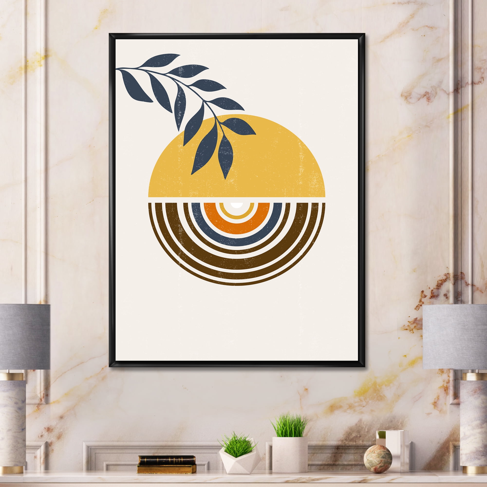 Designart 'Abstract Sun and Moon Leaves ' Modern Framed Canvas Wall Art Print