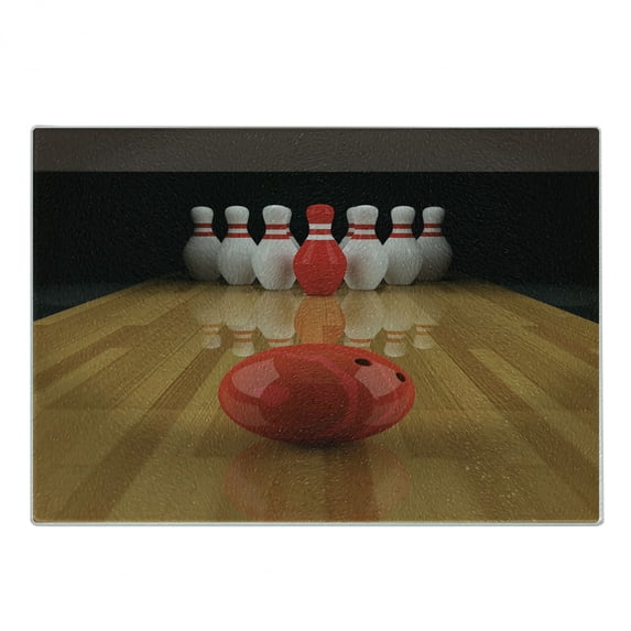 Bowling Party Cutting Board, Alley with Red Skittle in Center Target Score Winning Competition, Decorative Tempered Glass Cutting and Serving Board, Small Size, Pale Brown Red White, by Ambesonne