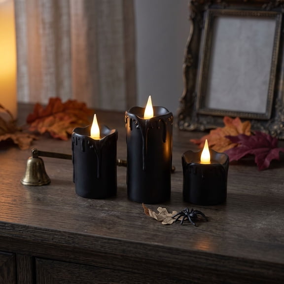 Tarmeek Halloween Decoration LED Candle Lamp, Black Teardrop Flameless Candle with Flickering Warm Light, Plastic Table Lamp for Gothic Party, Energy Saving LED Lamp