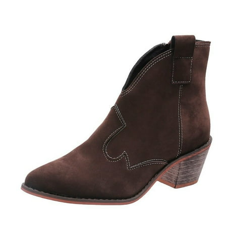 

Women S Shoes Fashion Solid Color Retro Flock Middle Heel Zipper Non-Slip Low Boots