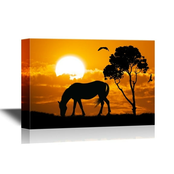 wall26 - African Savanna Sunset Canvas Wall Art - A Grazing Wild Horse - Gallery Wrap Modern Home Art | Ready to Hang - 32x48 inches