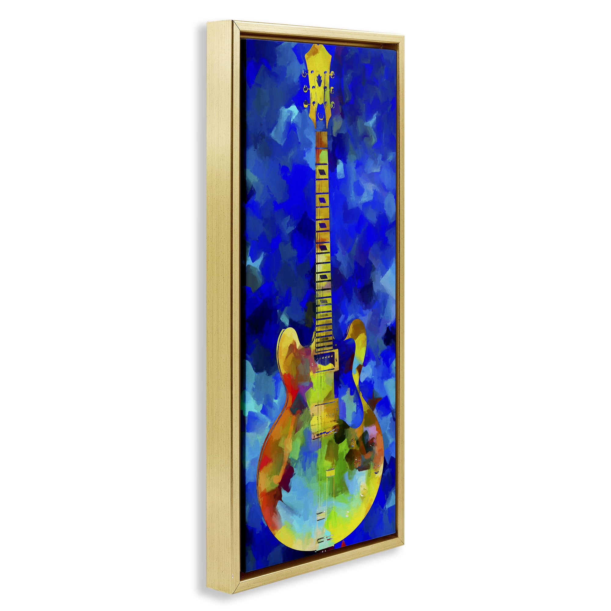 Stupell Industries Abstract Guitar on Blue Entertainment Painting Gold Floater Framed Canvas Art Print Wall Art, 14 x 31