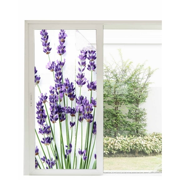 Window Privacy Film Botanical Lavender Stained Glass Window Film Decorative Sun Block Window Cover Spring Budding Flowers Florals Window Clings Static Adhesive Sticker for Bathroom 35.4"x78.7"