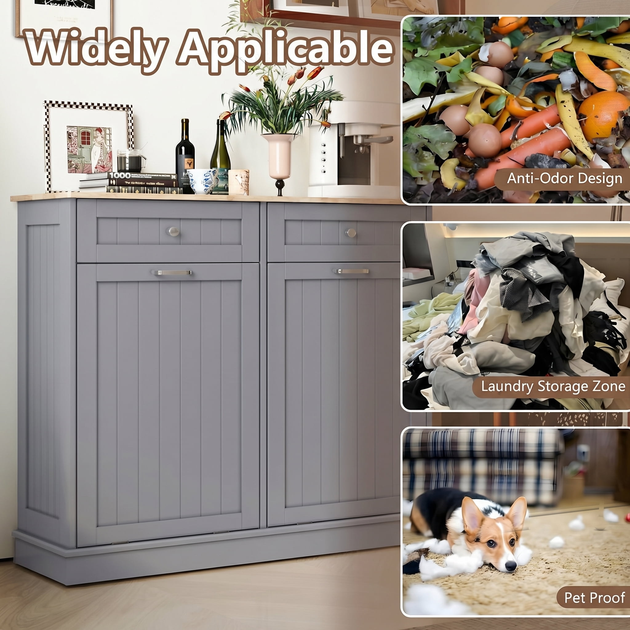AHB 13 Gallon Single Tilt Out Trash Cabinet with Drawer and Handle, Kitchen Trash Can Storage Organizer, 39.4"L x 14"W x 38.3"H, Gray