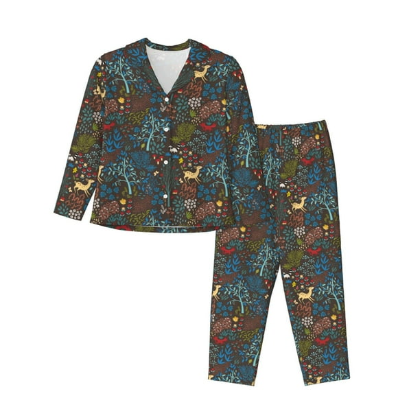 Fotbe Deers In The Forest 1 Conjunto de Pijama de Manga Larga para Mujer con Estampado, Ropa de Dormir de 2 Piezas, Conjunto de Casa Suave y Cómodo con Bolsillos-Medium
