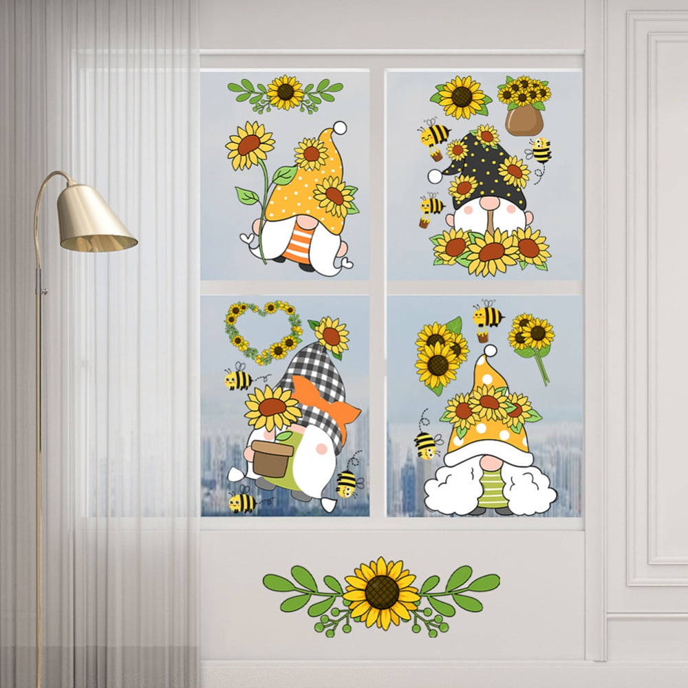 4 Sheet Spring Sunflower Window Clings Decor Bee Gnome Window Stickers Room Decor Stickers for Summer Spring Holiday Birthday Parties Bedroom Nursery Living Room Wall Decor